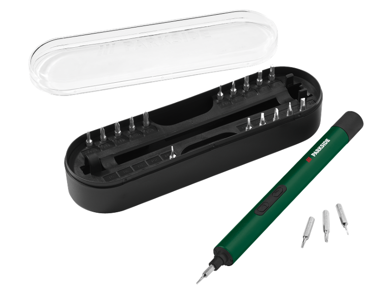 Green electric screwdriver with interchangeable bits and a clear plastic case.