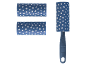 Lint roller with blue handle and two replacement rollers with white polka dots.