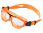 Orange swimming goggles with clear lenses and an adjustable strap.
