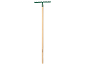 Green rake with a wooden handle