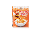 Cereal box with a cartoon bee, crunchy flakes with honey and peanut in a bowl of milk.