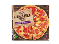 Stonebaked pizza with double pepperoni, sliced into pieces on a wooden table.