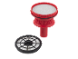Two vacuum cleaner filters: one red cylindrical and one black round.