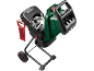 Electric branch shredder with green collection box and red pusher.