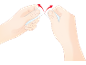 Hands tearing open packaging with red arrows indicating the movement.