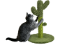 Grey cat playing with a green cactus-shaped cat tree.
