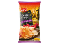Chilli flavoured crisps in a bag, with a street scene and fresh chillies.