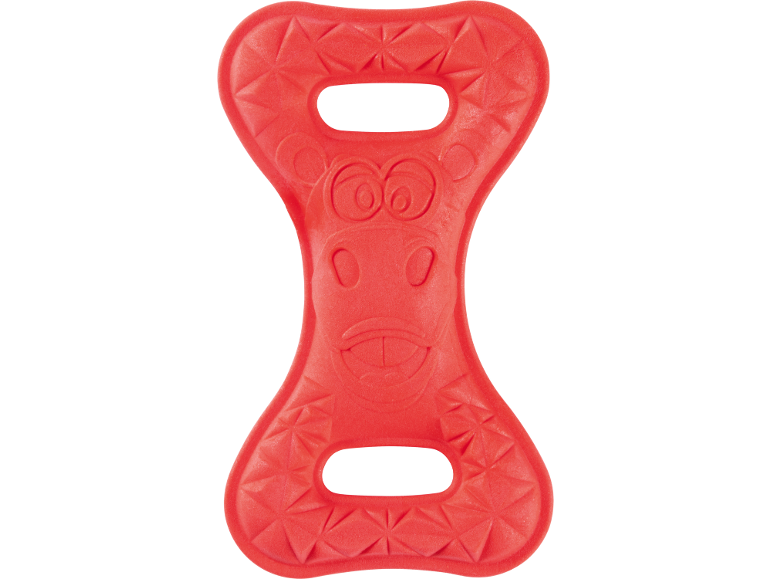 Red bone-shaped dog toy with a cartoon face