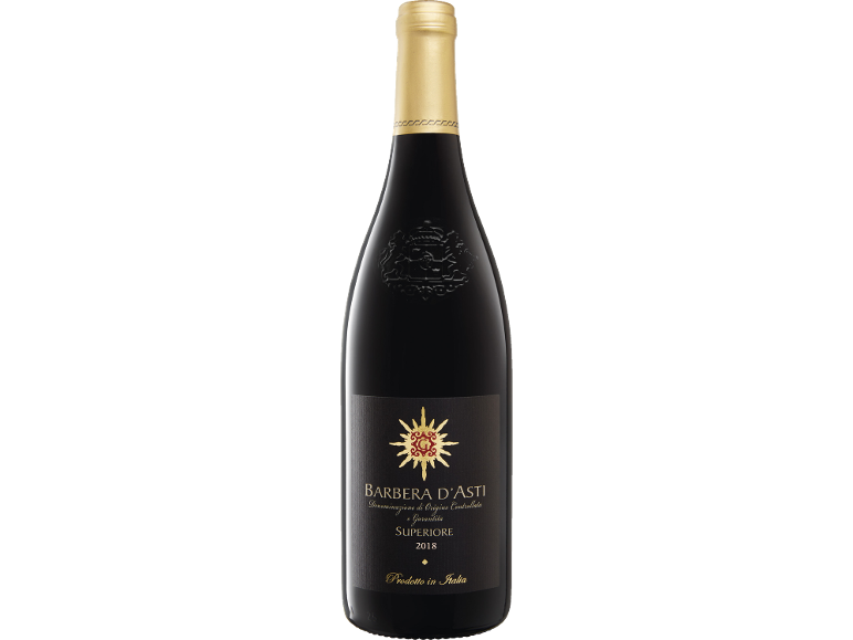 Barbera d'Asti Superiore 2018 red wine bottle with a black label and gold details.