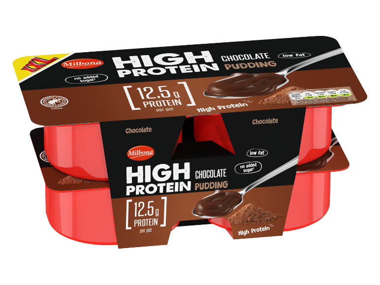 High protein chocolate pudding, no added sugar and low fat, with 12.5g protein per pot.