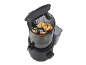 Black juicer with cut apples and an open lid.