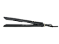 Black hair straightener with gold details, open and with a cable.