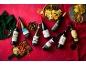 Various red and white wine bottles, cheese, charcuterie, and snacks on a red background.