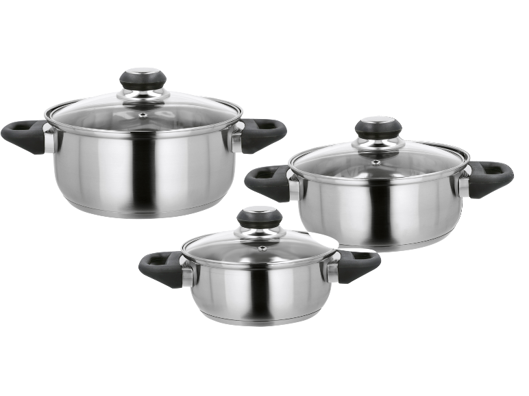 Set of three stainless steel pots with glass lids and black handles.