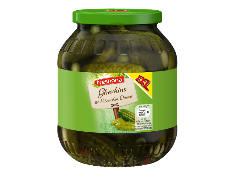 Jar of gherkins and silverskin onions, with a green label and nutritional information.