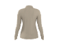 Back view of a women's long-sleeved beige top with a high collar.