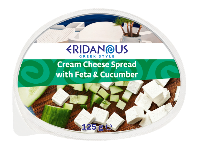 Greek style cream cheese spread with feta and cucumber, 125g package.