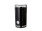 Black electric coffee grinder with a transparent lid and a silver button.