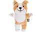 Corgi dog plush toy with tongue out and embroidered paws, with a green tag.
