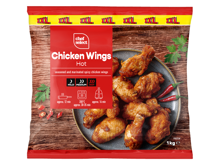 Frozen XXL hot chicken wings with cooking instructions, 1kg.