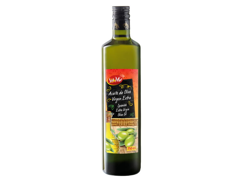 Bottle of extra virgin olive oil with a label showing olives and a small bottle of oil, 750 ml.