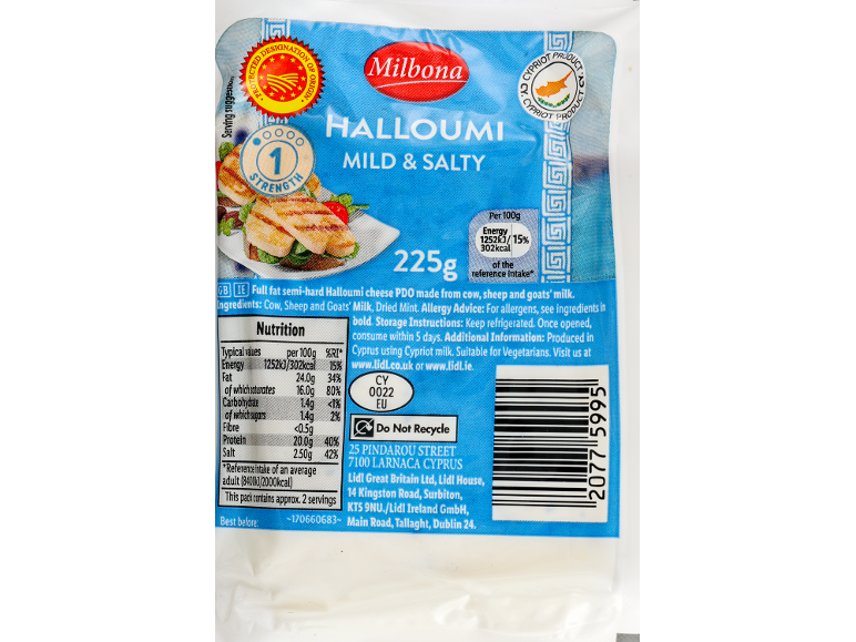 Pack of 225g mild and salty halloumi cheese with nutritional information and ingredients.