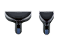 Two handheld vacuum nozzles, one wider and one narrower, with blue buttons.