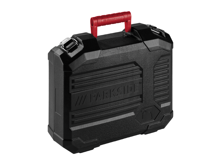Black transport case with red handle, for power tools.