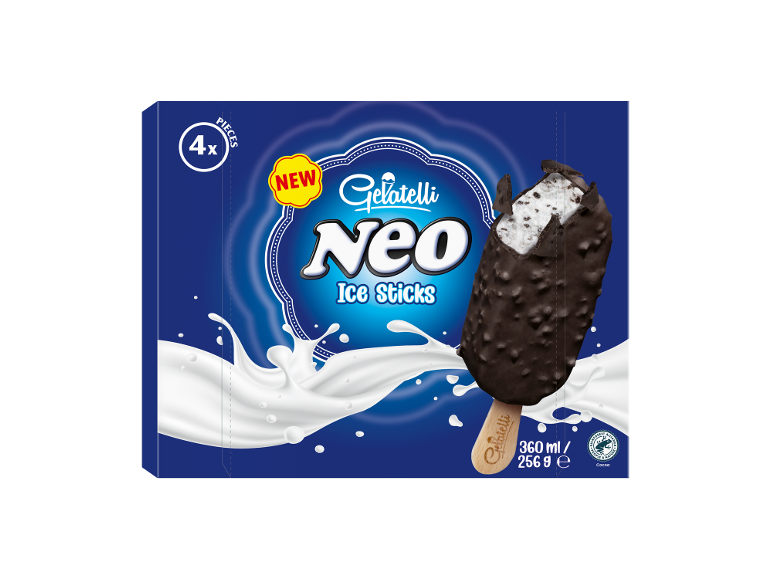 Box of 4 ice cream sticks, with chocolate coating and cookie pieces.