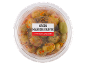 Green Halkidiki olives with hot peppers, garlic, and dill in a transparent container.