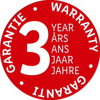 Red warranty seal with the number 3 and the text 'YEAR ÅRS ANS JAAR JAHRE'.