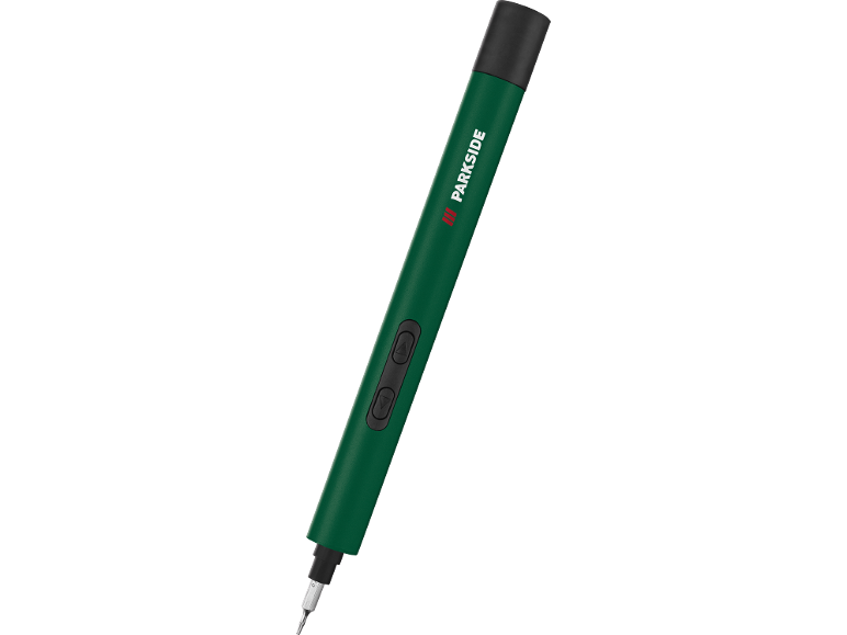 Green electric screwdriver with control buttons and a metallic tip.