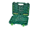 Green screwdriver and bit set in an open case, featuring various sizes and types.