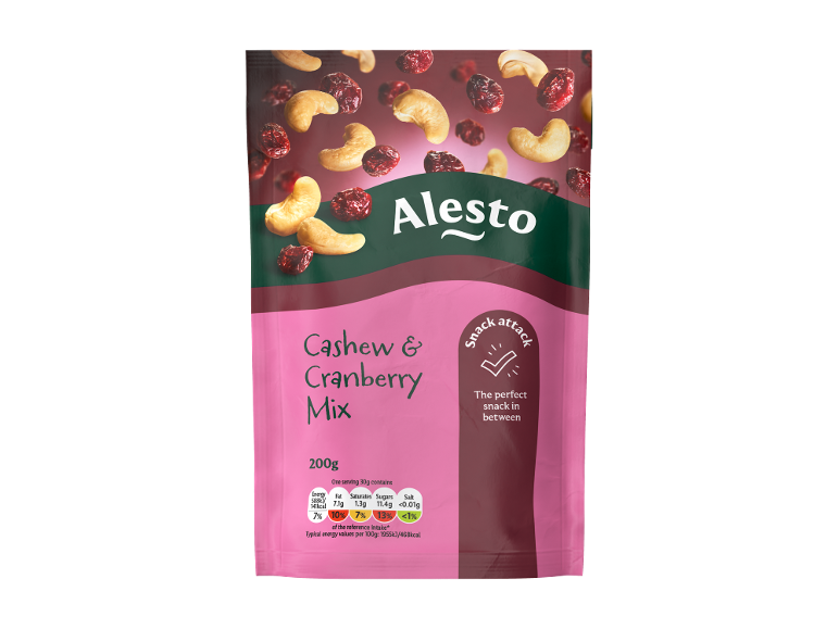 Pink and green pouch of cashew and cranberry mix, with nutritional information.