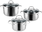 Three stainless steel pots with glass lids on a black background.