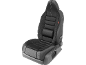 Black car seat with lumbar support cushion and seat cover.