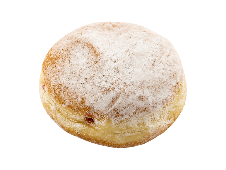 Doughnut with powdered sugar and jam filling.