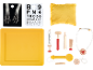 Toy doctor kit with X-ray, eye chart, pillow, and wooden instruments.