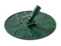 Green lawnmower base with a tilting mechanism for the handle.