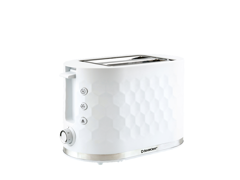 White toaster with a hexagonal design and control buttons.