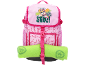 Pink backpack with a puppy motif and text 'WE'VE GOT DINOS TO SAVE!', with a green blanket.
