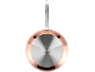 Copper frying pan with stainless steel base and metal handle, viewed from underneath.