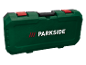 Green tool case with red clasps and a black handle, featuring a white logo.