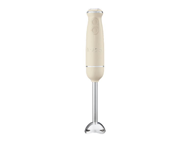 Beige immersion blender with control buttons and the inscription «1973».