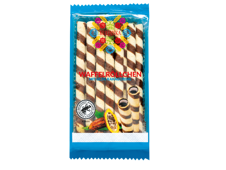 Wafer rolls with cocoa cream, packaging with Rainforest Alliance certification.