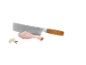 Butcher knife with wooden handle cutting a raw chicken leg, with lemon and rosemary.
