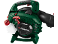Green and black leaf blower with a white fuel tank and red details