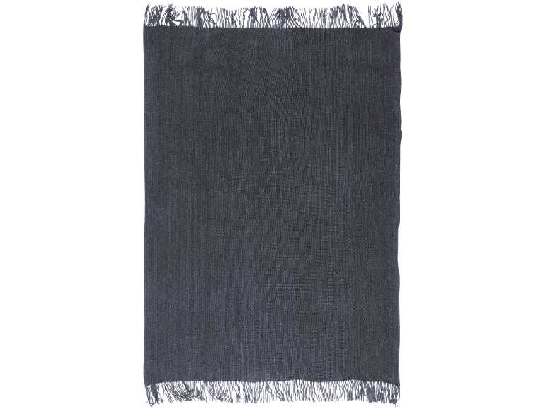 Dark grey rug with fringes on a black background.