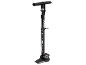 Black floor bicycle pump with a pressure gauge and orange accents.