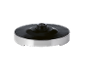 A black and silver kettle base on a black background.